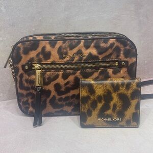 Michael Kors Polly Large Nylon Crossbody Bag & Wallet Set Cheetah Butterscotch